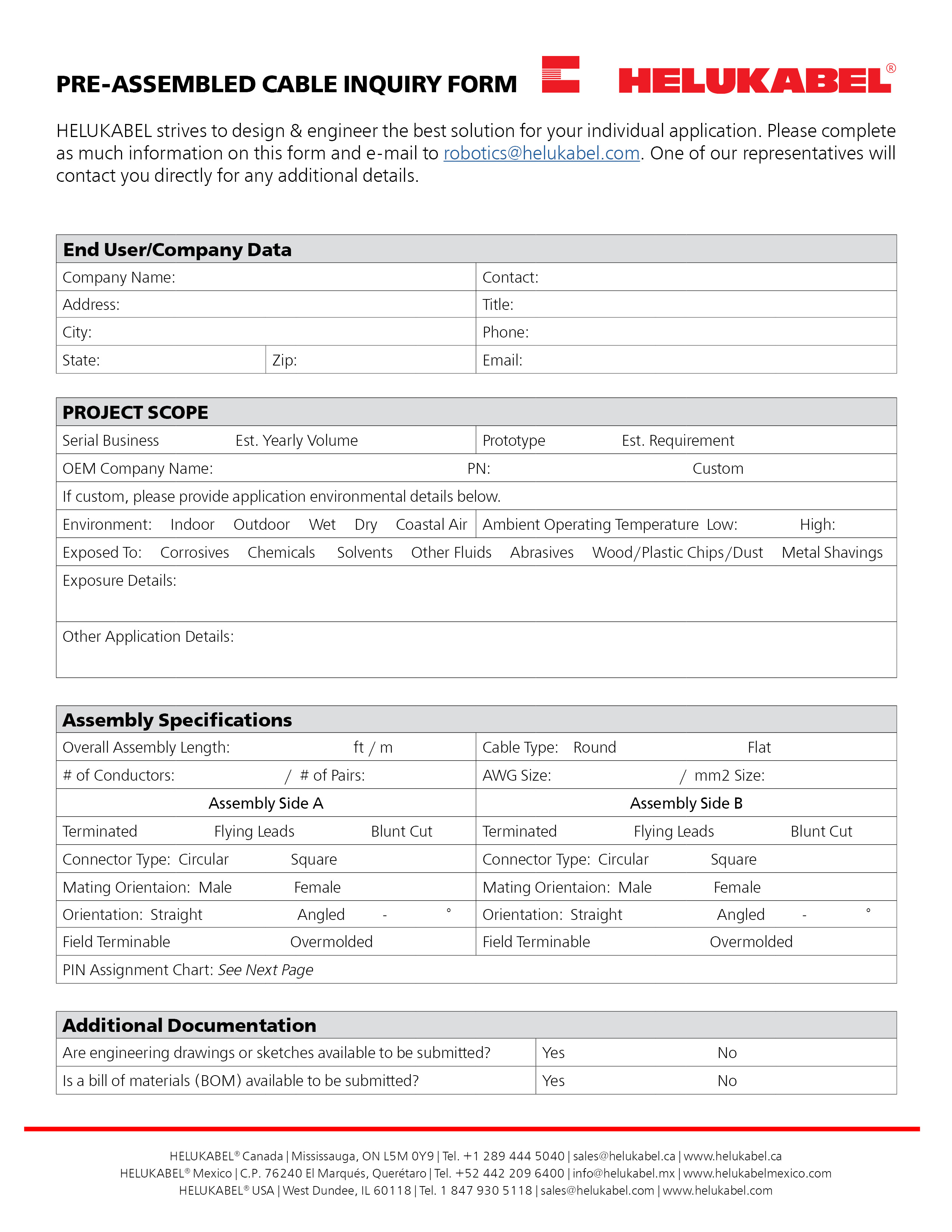 Pre-assembled Cable Inquiry Form