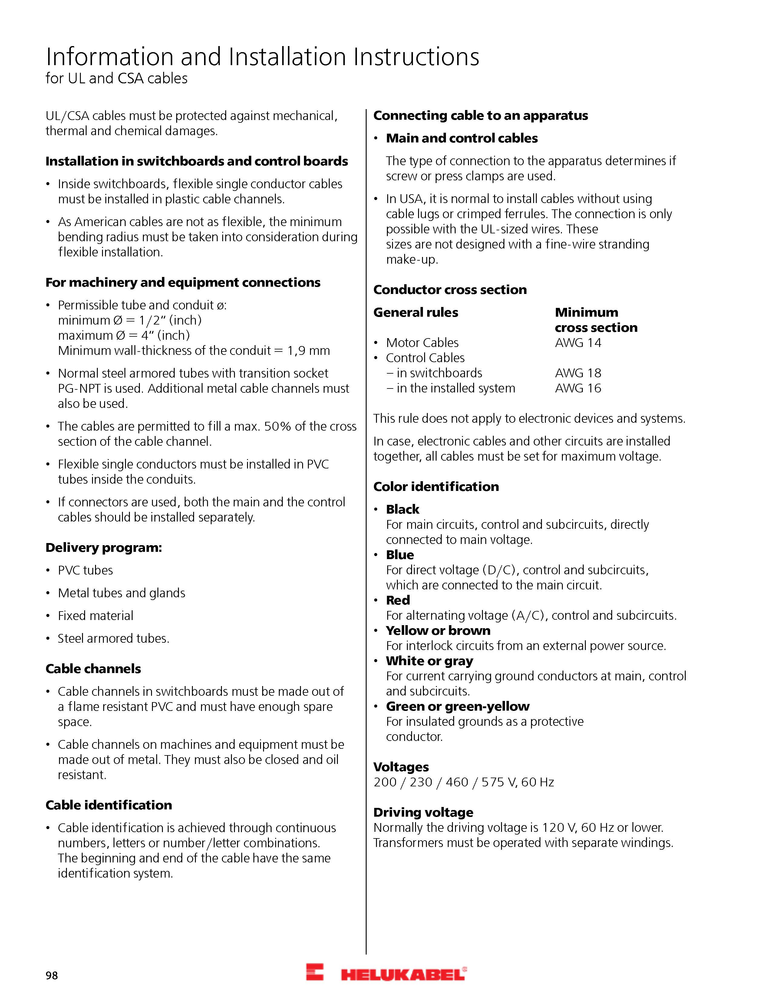 UL/CSA Cable Information & Installation Instructions