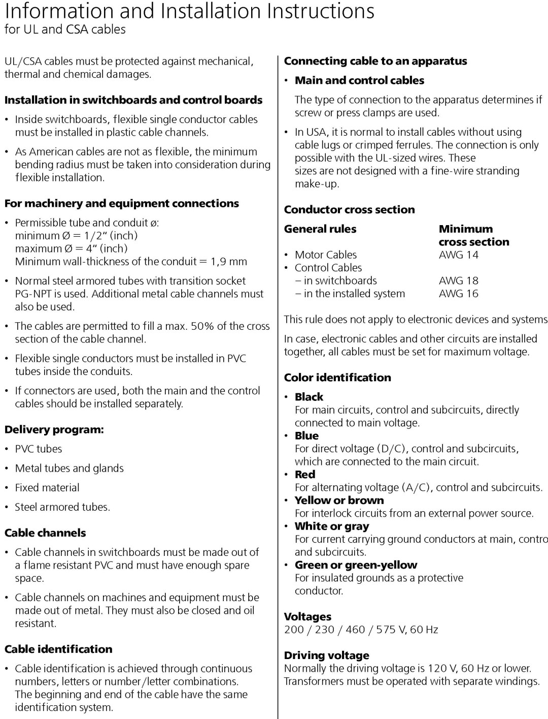 UL/CSA Cable Information & Instructions